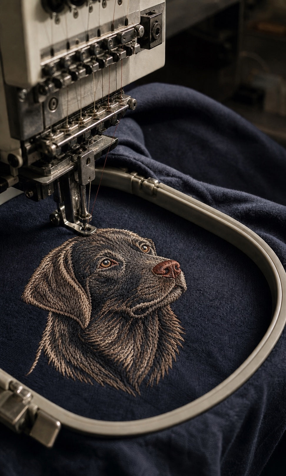 Editorial close-up of layered thread forming a custom pet portrait embroidery