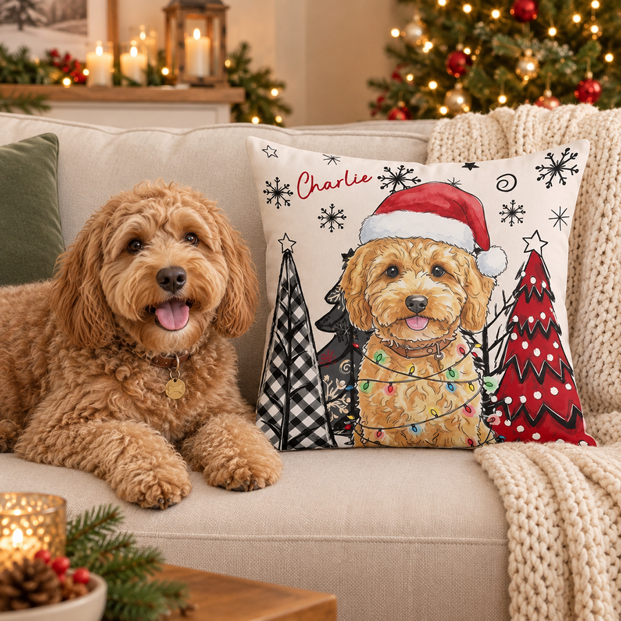 Custom Watercolor Pet Portrait Christmas Pillow