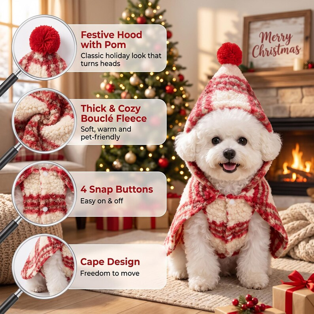 Personalized Plaid Christmas Pet Cape with Pompom