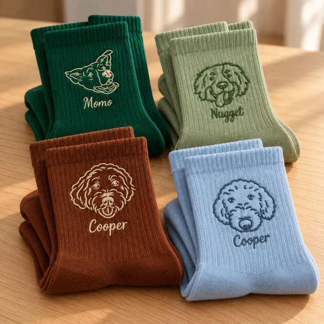 Custom Line-Art Pet Portrait Socks with Name