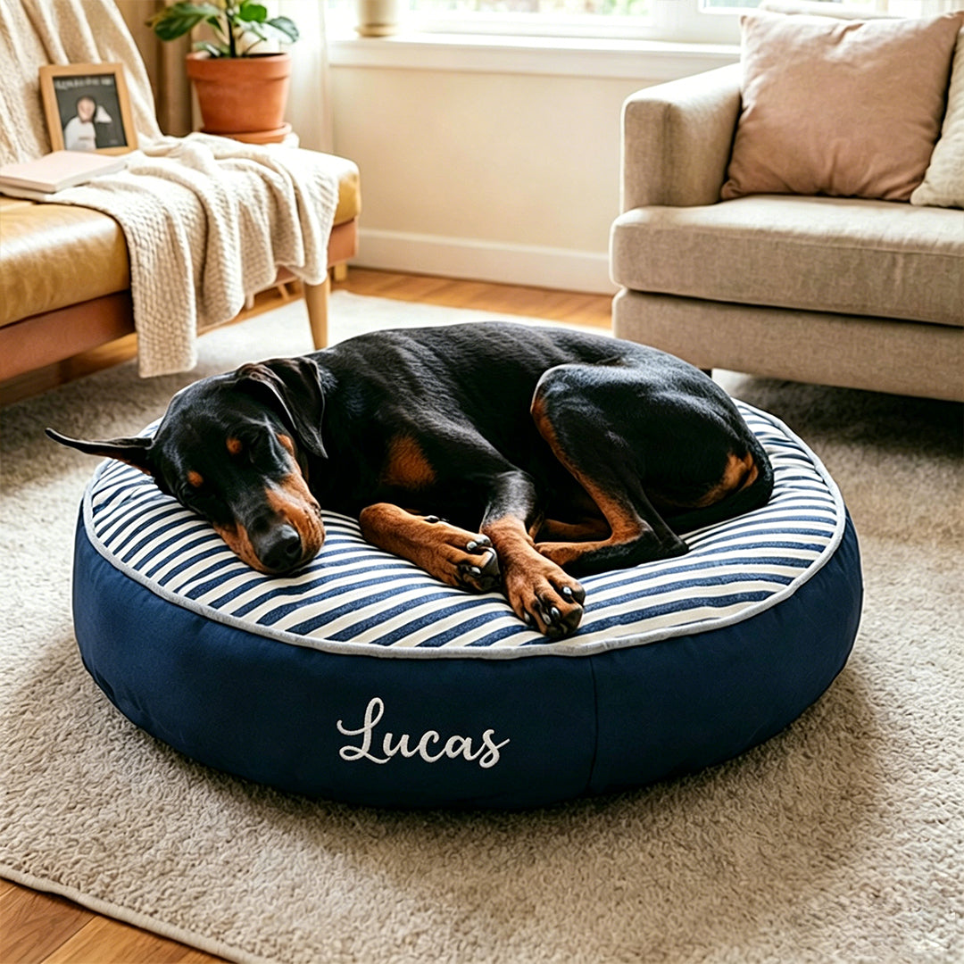 Personalized Round Striped Pet Bed with Embroidered Name