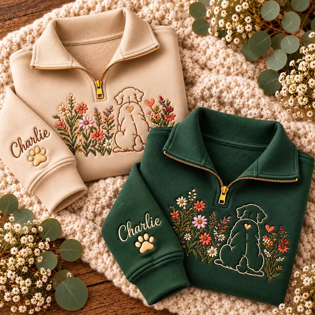 Custom Floral Line Art Pet Portrait Quarter Zip Sweatshirt