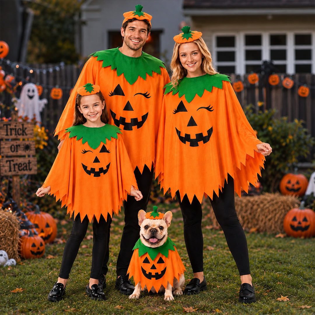 A family and their dog jumping in pumpkin costumes