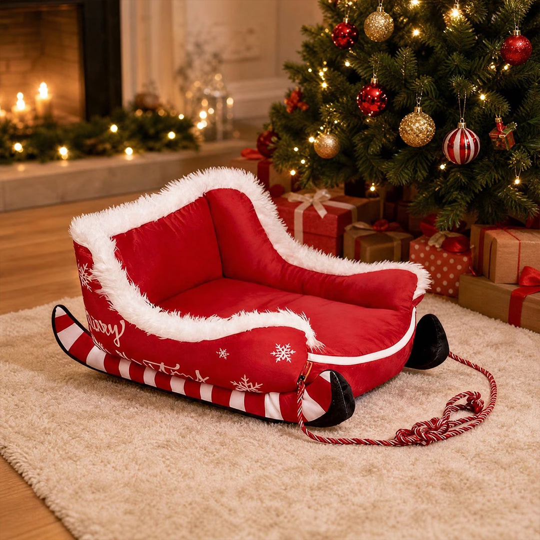 Santa Sleigh Pet Bed with Plush Fur Trim