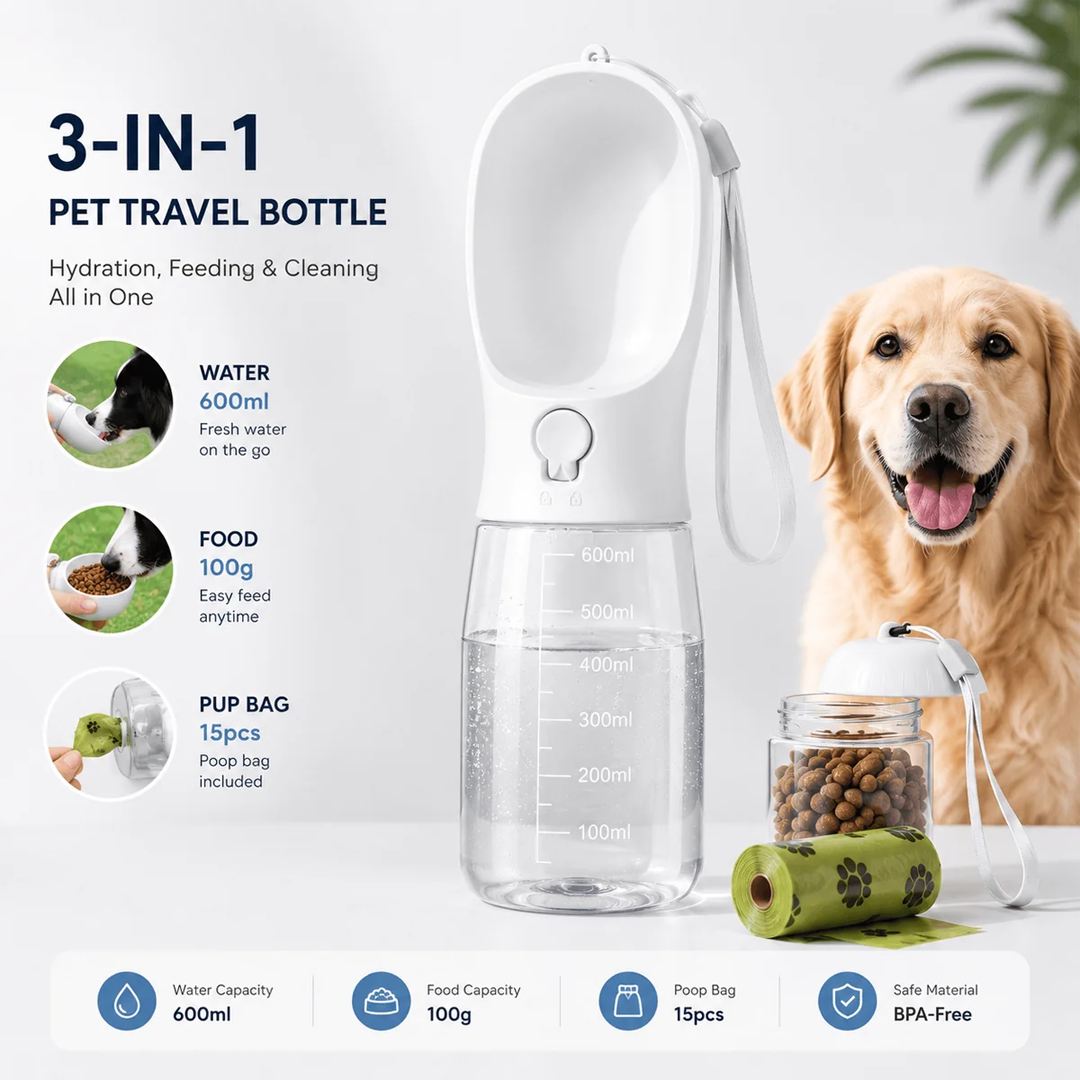 3-in-1 Dog Water Bottle with Food Cup & Bag Holder