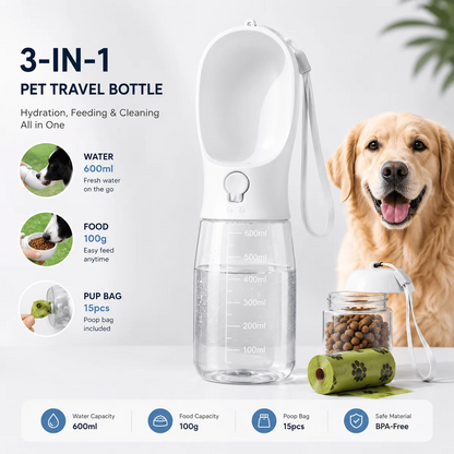 3-in-1 Dog Water Bottle with Food Cup & Bag Holder