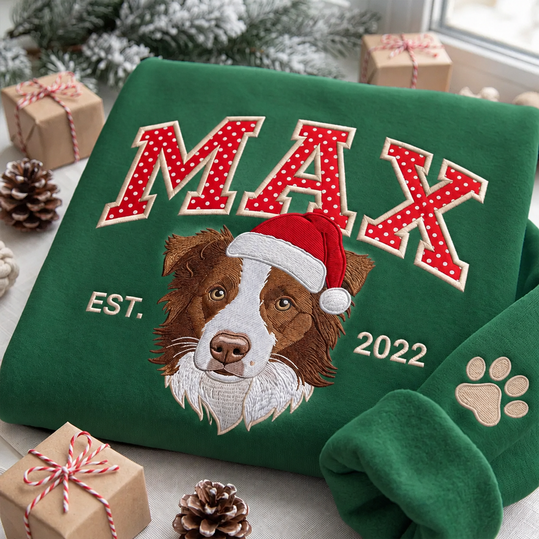 Custom Polka-Dot Varsity Pet Portrait Christmas Sweatshirt