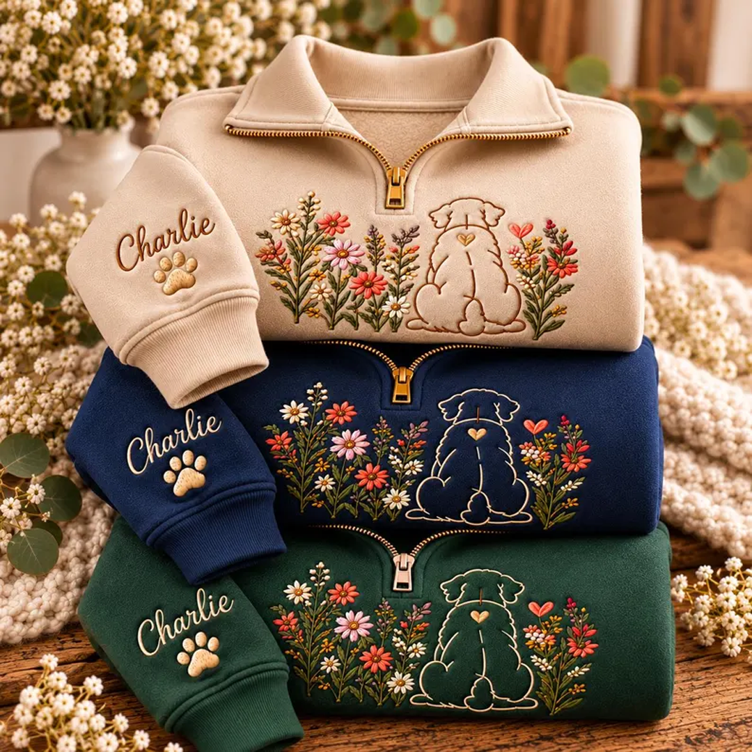 Custom Floral Line Art Pet Portrait Quarter Zip Sweatshirt