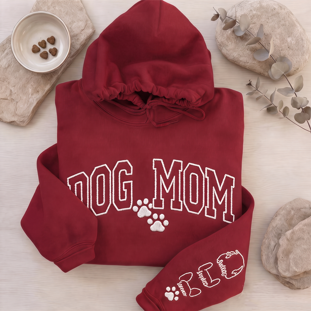 Custom Dog Mom Hoodie with Pet Names on Sleeve