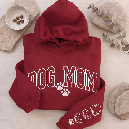 Custom Dog Mom Hoodie with Pet Names on Sleeve
