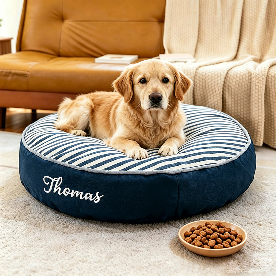 Personalized Round Striped Pet Bed with Embroidered Name