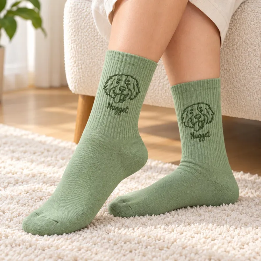 Custom Line-Art Pet Portrait Socks with Name