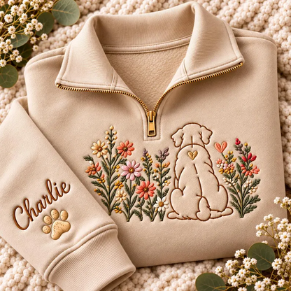 Custom Floral Line Art Pet Portrait Quarter Zip Sweatshirt