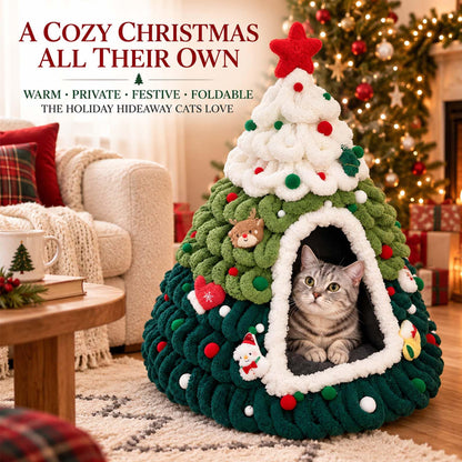 Snow-Capped Christmas Tree Cat Cave Bed