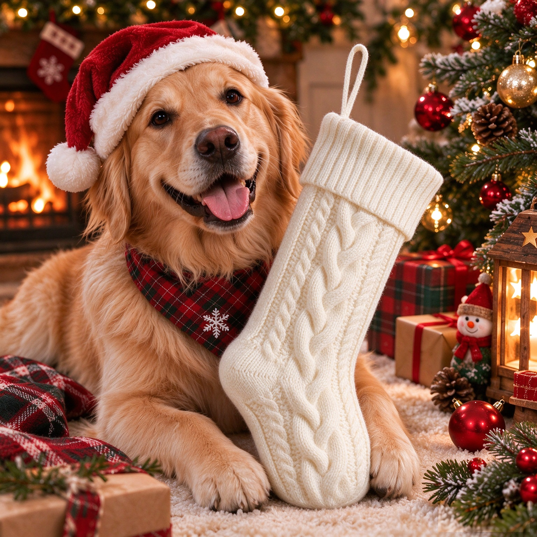 Custom Pet Portrait Cable Knit Christmas Stocking