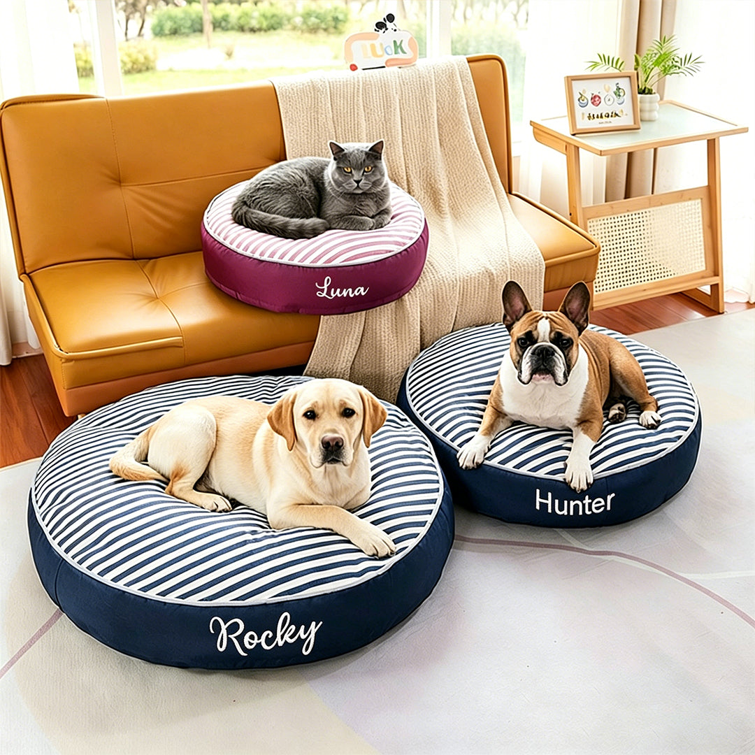 Personalized Round Striped Pet Bed with Embroidered Name