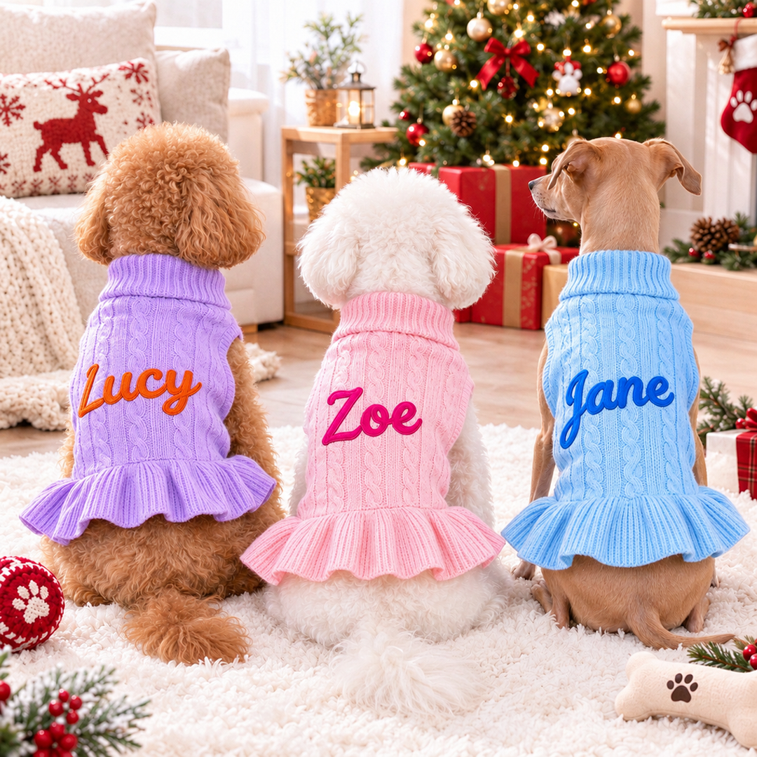 Personalized Ruffle Cable Knit Pet Sweater Dress