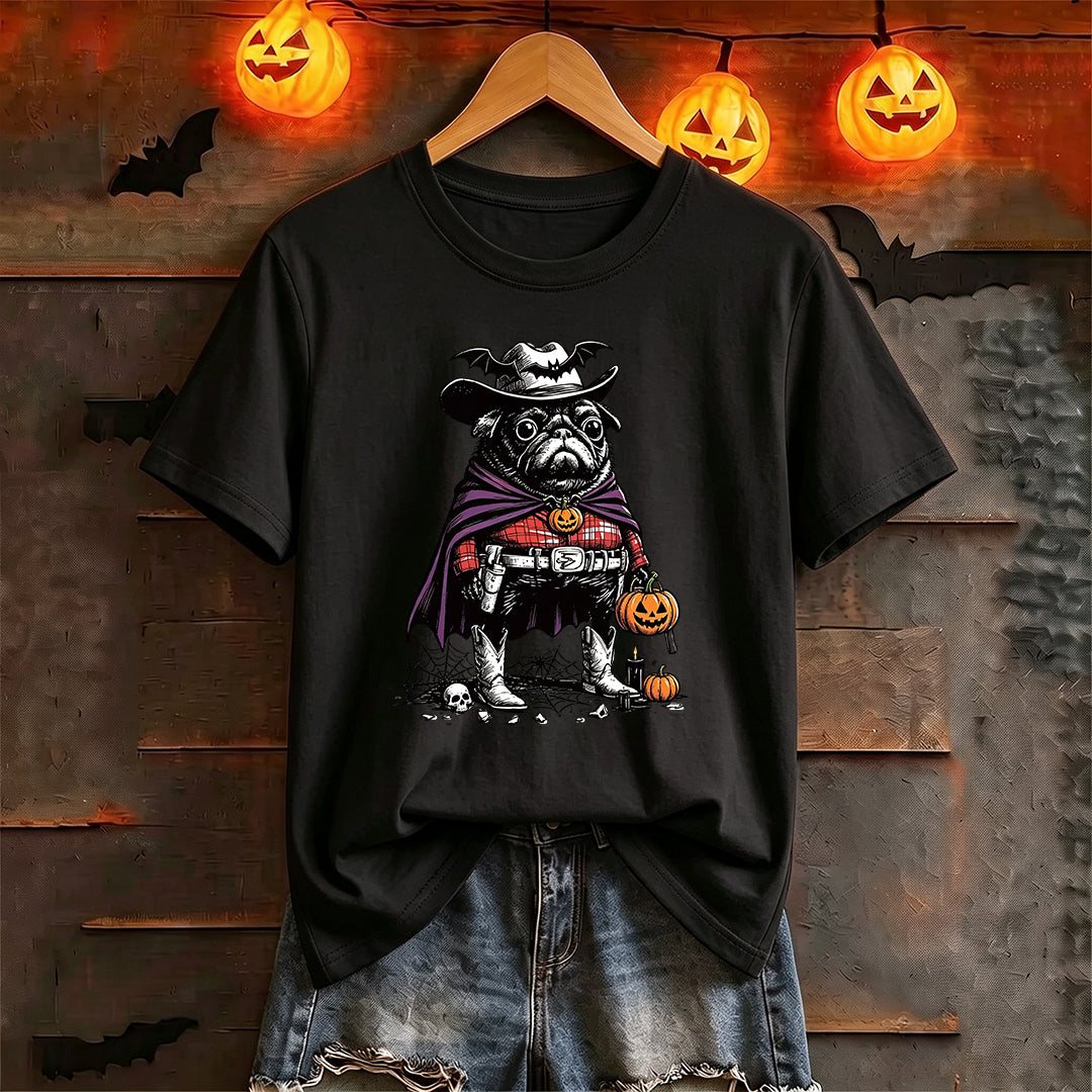 Puptailor Personalized Halloween Cowboy Pug Graphic T‑Shirt