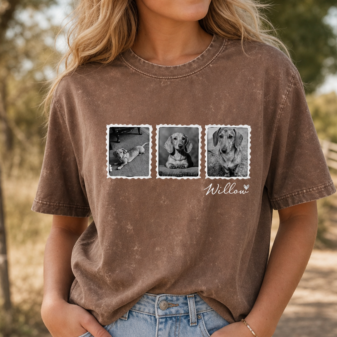 Custom Photo Stamp Pet Portrait Washed T-Shirt