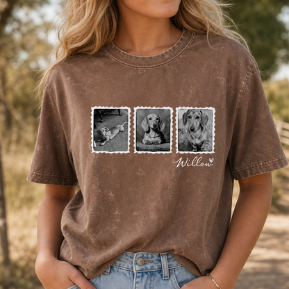 Custom Photo Stamp Pet Portrait Washed T-Shirt