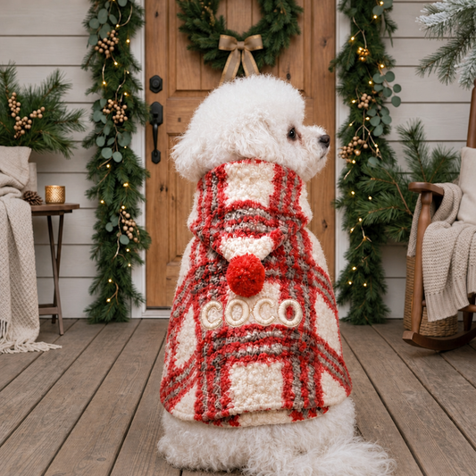 Personalized Plaid Christmas Pet Cape with Pompom
