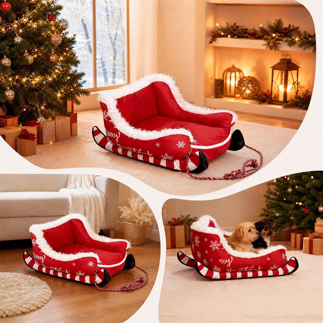 Santa Sleigh Pet Bed with Plush Fur Trim