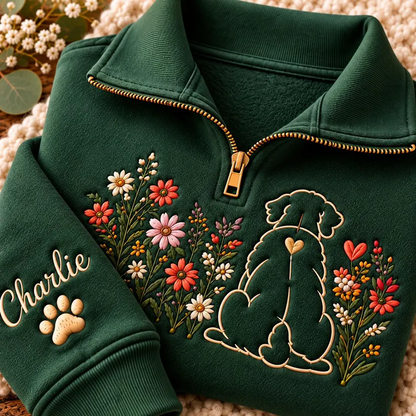 Custom Floral Line Art Pet Portrait Quarter Zip Sweatshirt