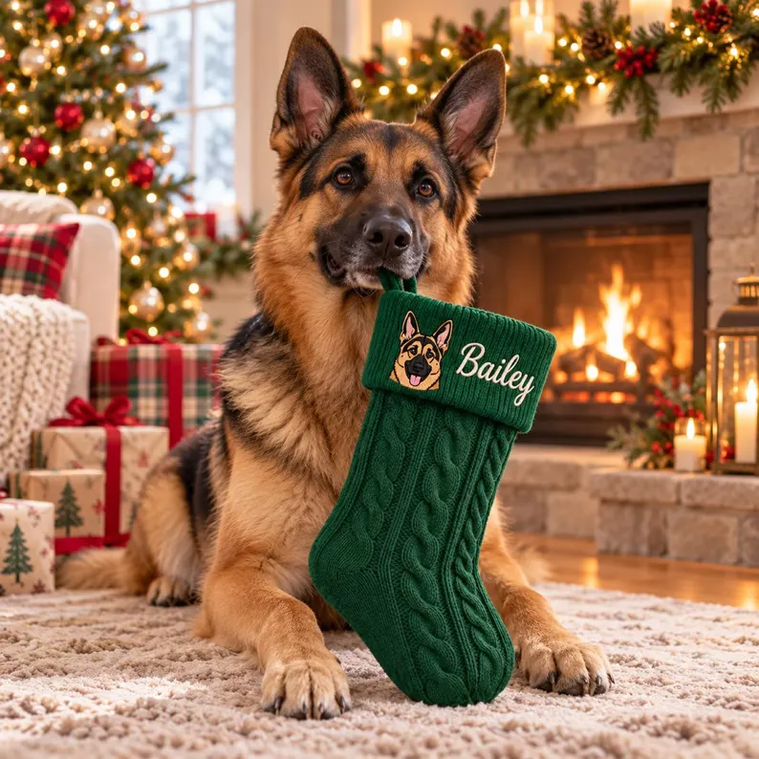 Custom Pet Portrait Cable Knit Christmas Stocking