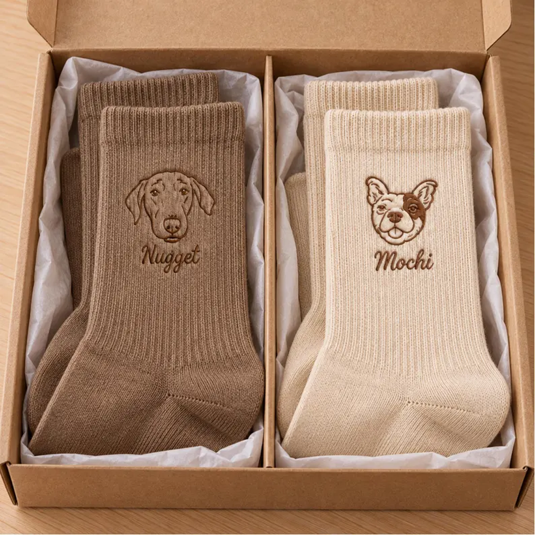Custom Line-Art Pet Portrait Socks with Name