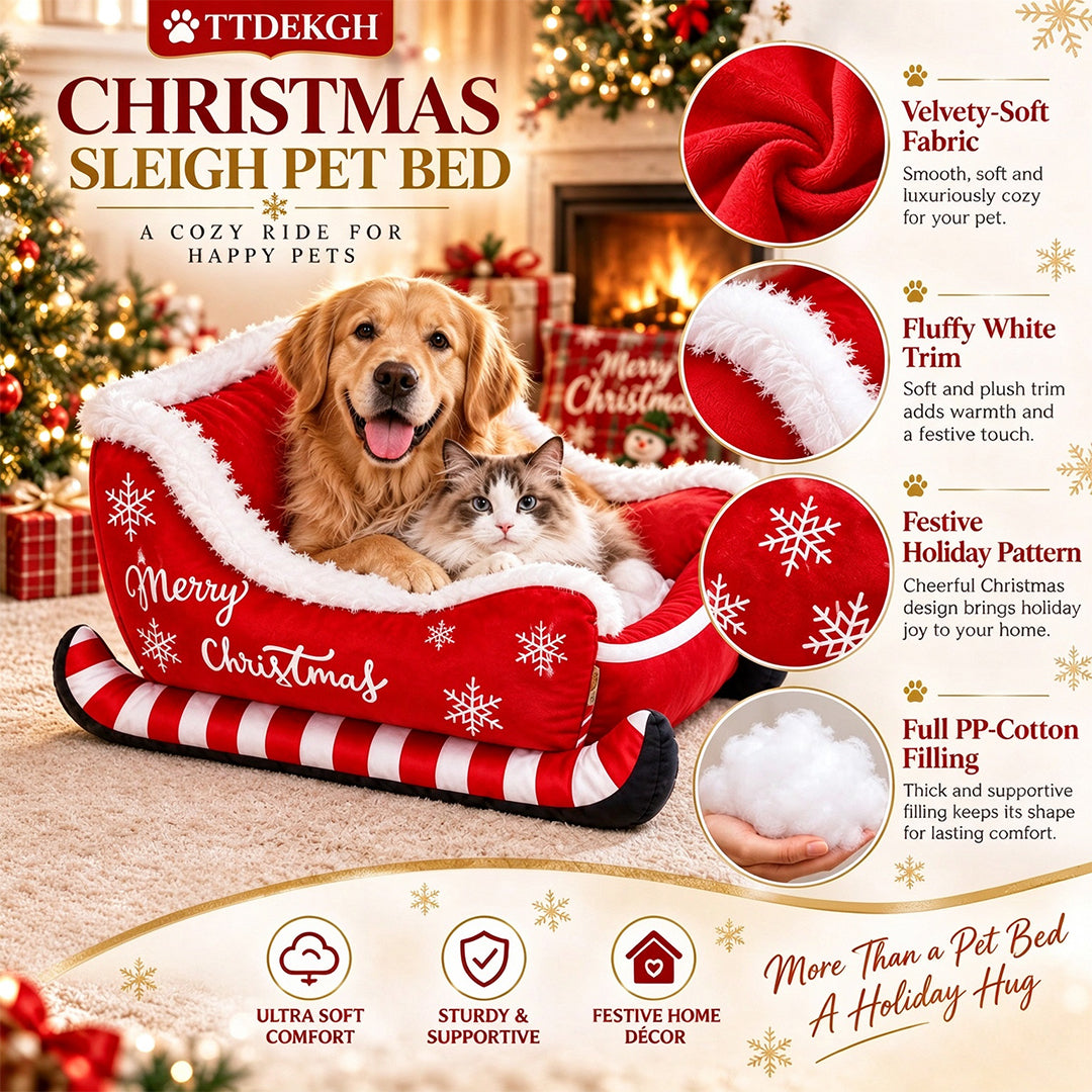 Santa Sleigh Pet Bed with Plush Fur Trim