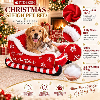 Santa Sleigh Pet Bed with Plush Fur Trim