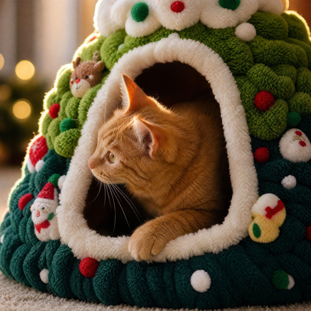 Snow-Capped Christmas Tree Cat Cave Bed