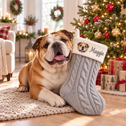 Custom Pet Portrait Cable Knit Christmas Stocking