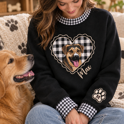 Custom Gingham Heart Pet Portrait Mock Neck Sweatshirt