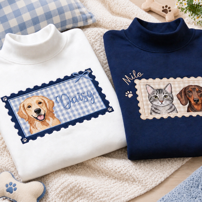 Custom Gingham Pet Portrait Mock Neck Sweatshirt