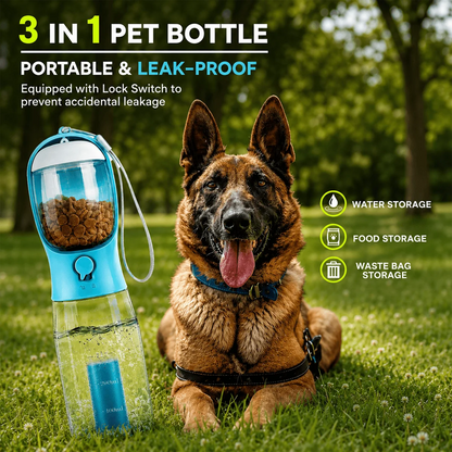 3-in-1 Dog Water Bottle with Food Cup & Bag Holder