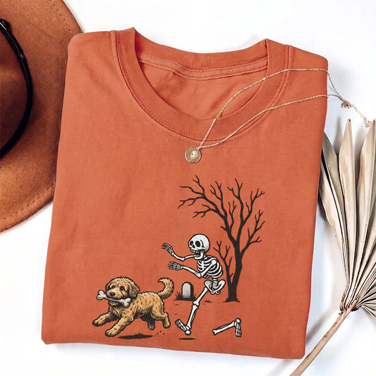 Puptailor Personalized Fun Skull Chasing Dog Halloween T-Shirt for Pet Lovers