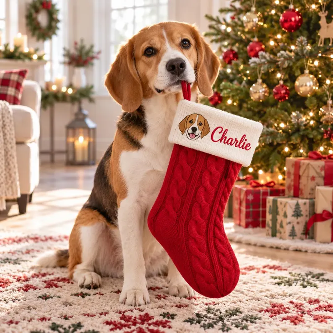 Custom Pet Portrait Cable Knit Christmas Stocking