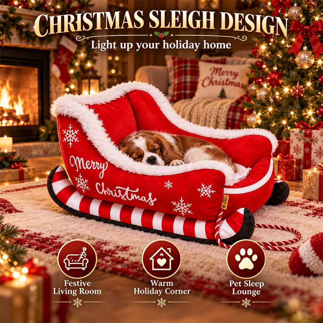 Santa Sleigh Pet Bed with Plush Fur Trim