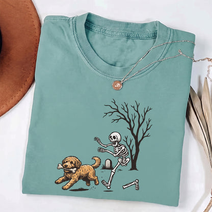 Puptailor Personalized Fun Skull Chasing Dog Halloween T-Shirt for Pet Lovers