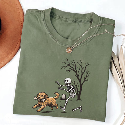 Puptailor Personalized Fun Skull Chasing Dog Halloween T-Shirt for Pet Lovers