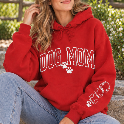 Custom Dog Mom Hoodie with Pet Names on Sleeve