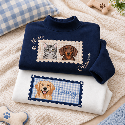 Custom Gingham Pet Portrait Mock Neck Sweatshirt