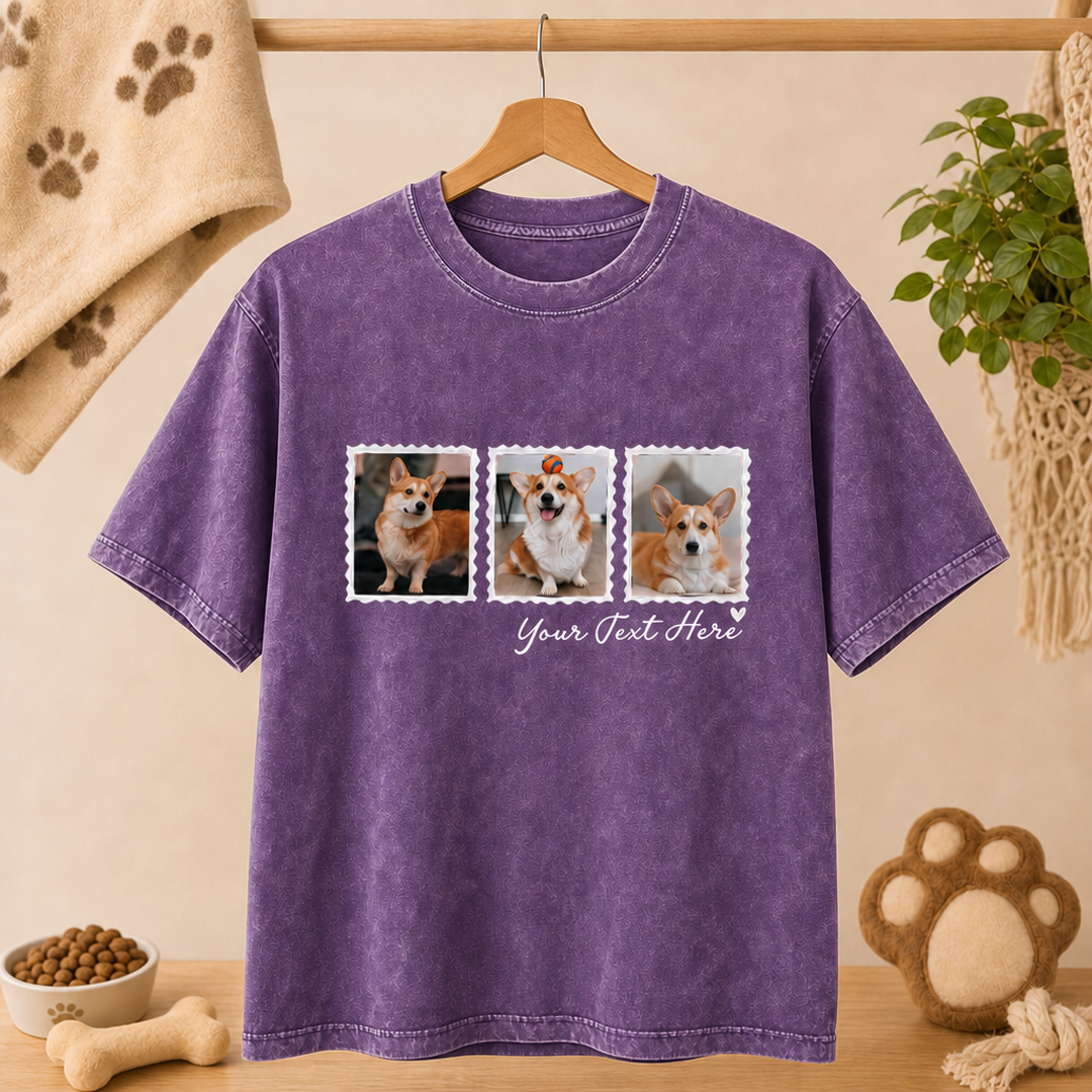 Custom Photo Stamp Pet Portrait Washed T-Shirt