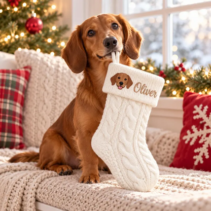 Custom Pet Portrait Cable Knit Christmas Stocking