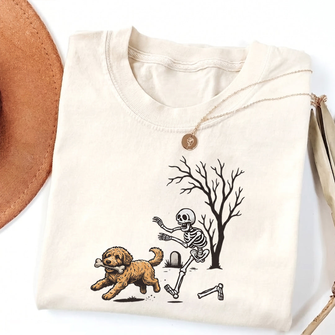 Puptailor Personalized Fun Skull Chasing Dog Halloween T-Shirt for Pet Lovers