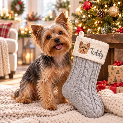 Custom Pet Portrait Cable Knit Christmas Stocking