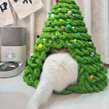 Christmas Tree Cat Cave Bed with Removable Cushion