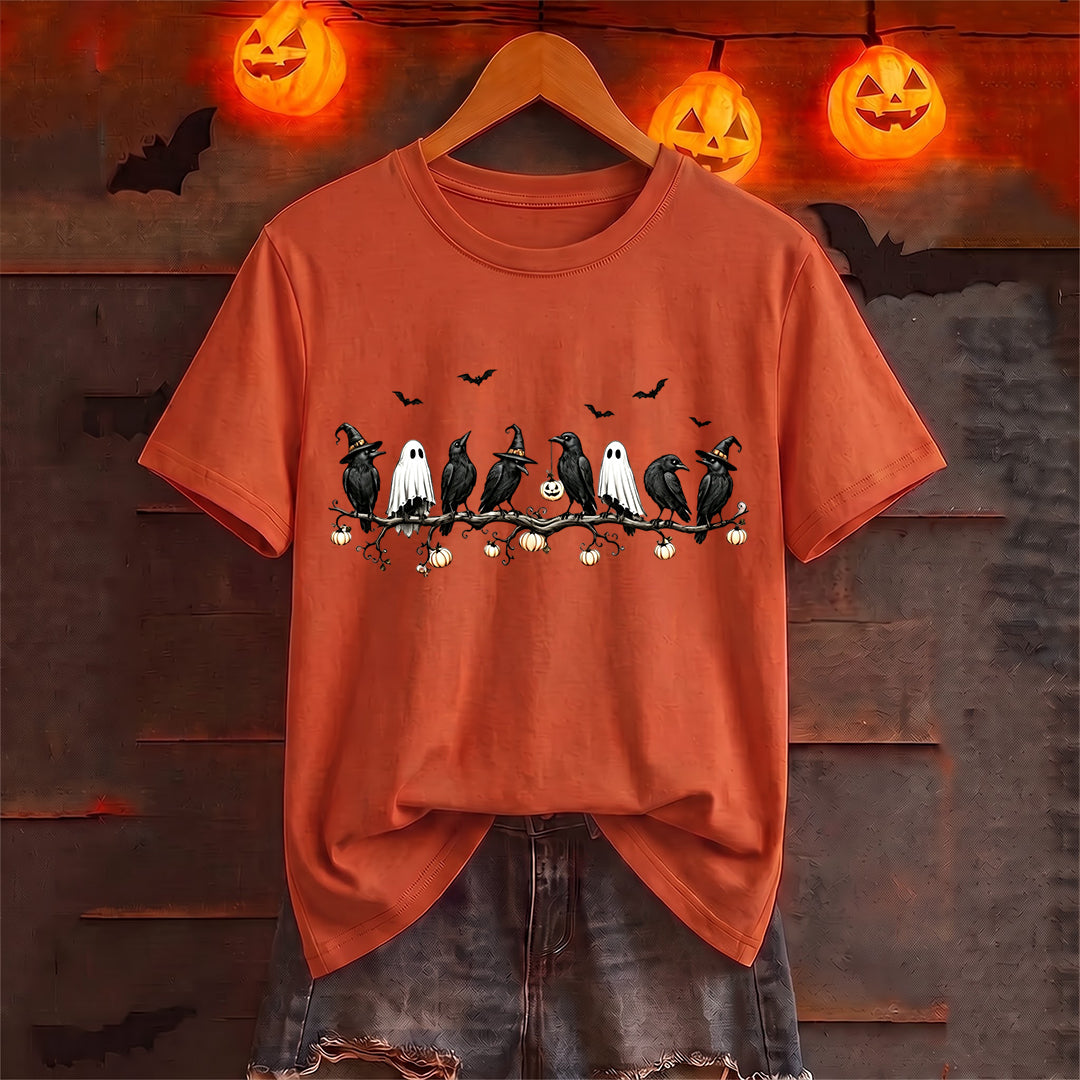 Puptailor Personalized Halloween Crow Ghost Pumpkin Branch Graphic T‑Shirt