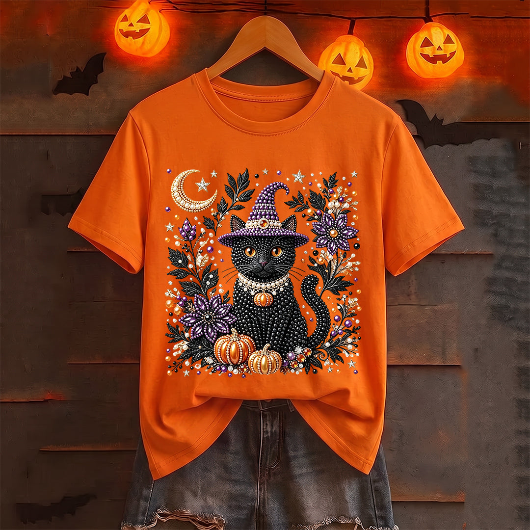 Puptailor Personalized Diamond Halloween Cat Casual Print T-shirt